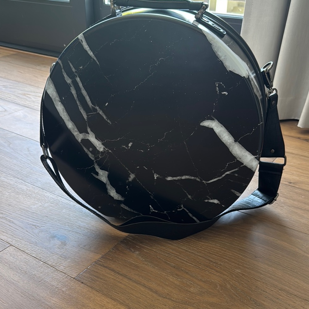 CALPAK Black and White Round Marble-Patterned HAT Bag with shoulder strap